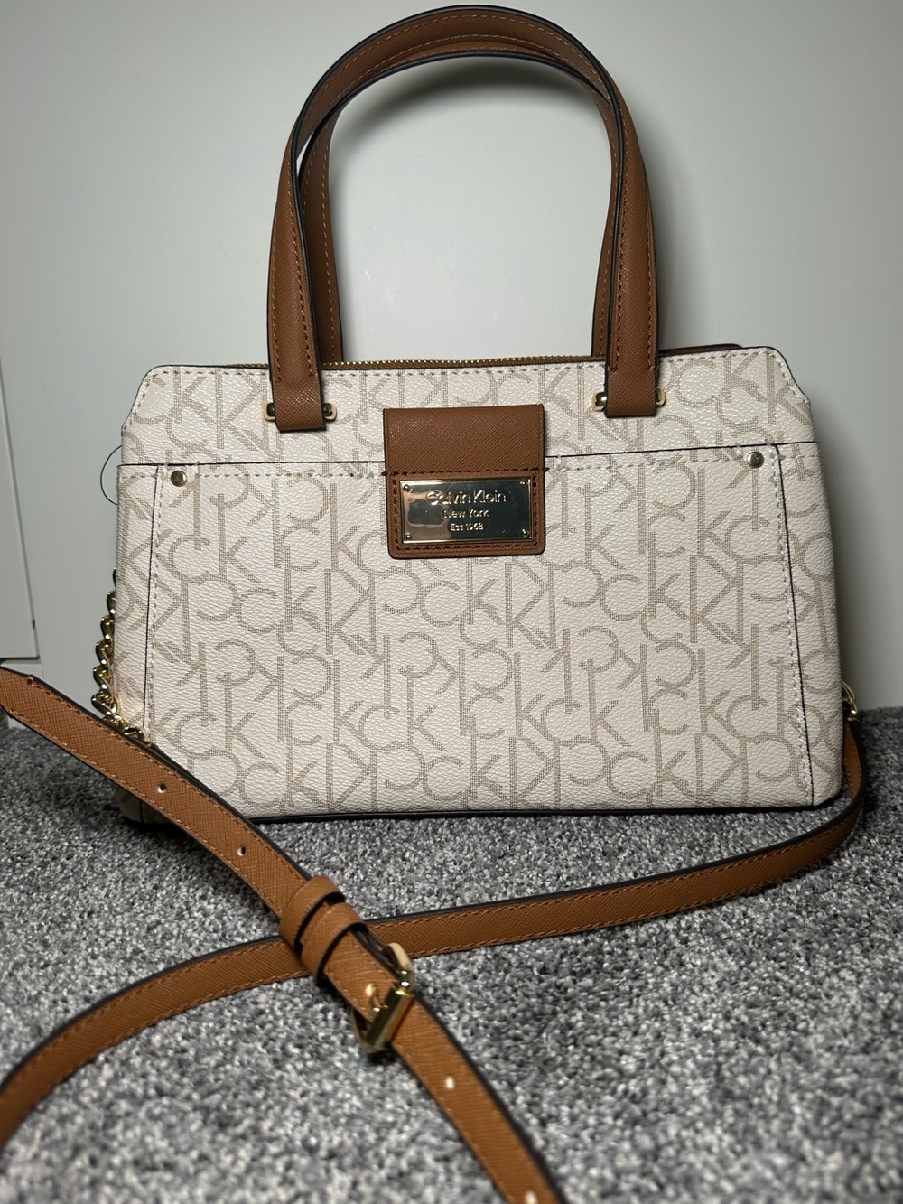 Calvin Klein Ivory Monogram Satchel with Brown Trim